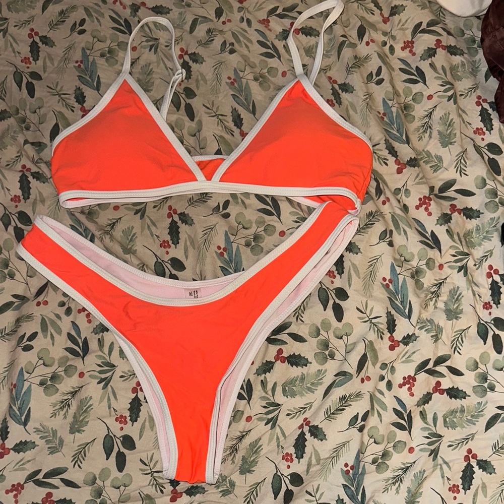 SHEIN Bright Orange Bikini with White Accents